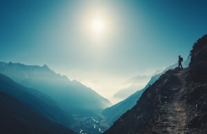 Standing-woman-on-the-hill-against-mountain-valley-at-bright-sunny-day.-Landscape-with-girl,-trail,-mountain,-blue-sky-with-sun-and-